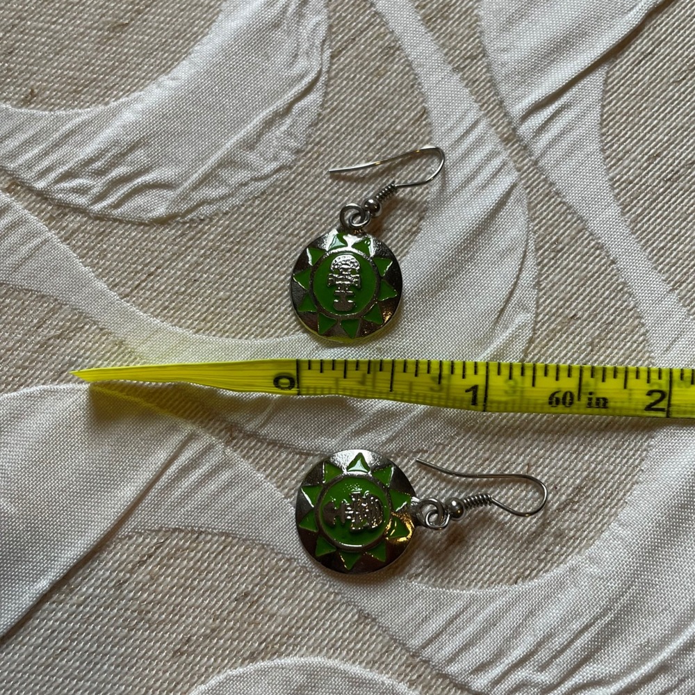 Peru Moche engraved Green Enamel Sunburst hook Earrings Dangle Boho indigenous - Picture 4 of 6
